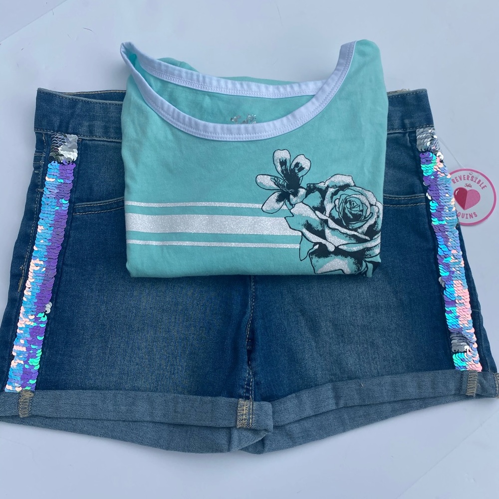 🍭2/$15🍭NWT Justice Jean Shorts and Tee - Picture 1 of 9